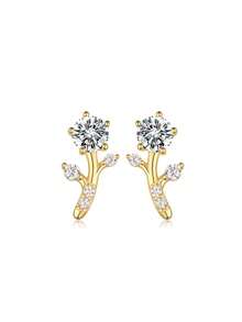 一对优雅小巧花卉图案 S925 银 1 克拉莫桑石耳钉，适合夏季佩戴 - 金色 - 查看 5