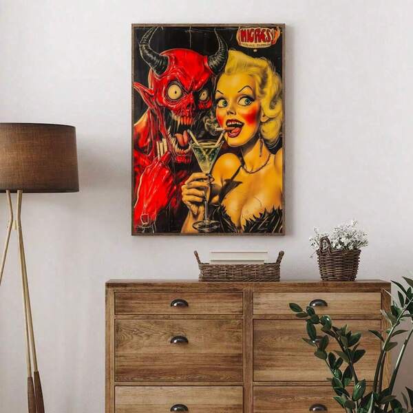 1 stuk Canvas schilderij met de afbeelding van een duivel en een rokende vrouw die drinkt "Rode duivel en een rokende vrouw" Decoratie voor slaapkamer, woonkamer, kantoor, muurdecoratie