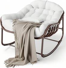 GarveeLife - Silla Mecedora Papasan para Exteriores, de Mimbre de Gran tamaño con cojín y Marco de Metal, balancín de Huevo de ratán para balcón, Patio, Porche, recámara, Color Blanco - blanco - Ver 7