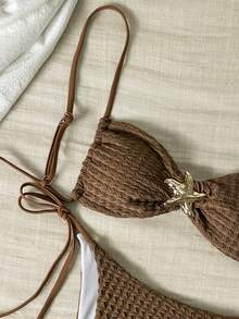 时尚性感海星装饰比基尼套装，纯黄色纹理面料，女士夏季沙滩度假泳装 - 棕色 - 查看 3