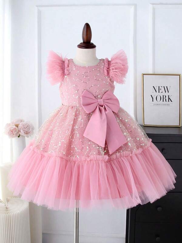 Girls' Sleeveless Tulle Dress, Sequin & Mesh Fabric, Feather Decor Sleeves, Suitable For Occasions Like Parties, Formal Events, Weddings, Christenings, Ceremonies And Birthday Celebrations, Fit For Girls Aged 4-8, Summer Dress, Photography Outfit, Children Clothing, Western Young Girl, Birthday Dress, Christening Outfit