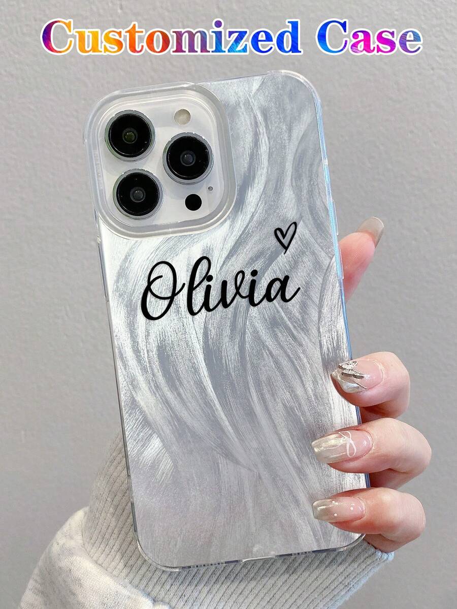 定制时尚可爱心形字母签名设计粉色杏色镜面短句姓名手机壳保护套,兼容 11 Pro/13 Pro/15 Pro Max、XR、12、13、15、16 Pro Max国际版,非国内版 - 銀色 - 查看 1