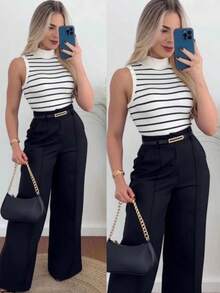 Women's Tailored Trousers With Belt - Black - View 1