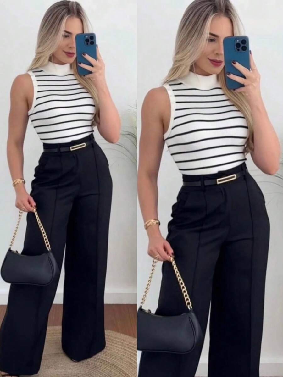 Women's Tailored Trousers With Belt - Black - View 1
