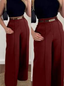 Women's Tailored Trousers With Belt - Burgundy - View 2