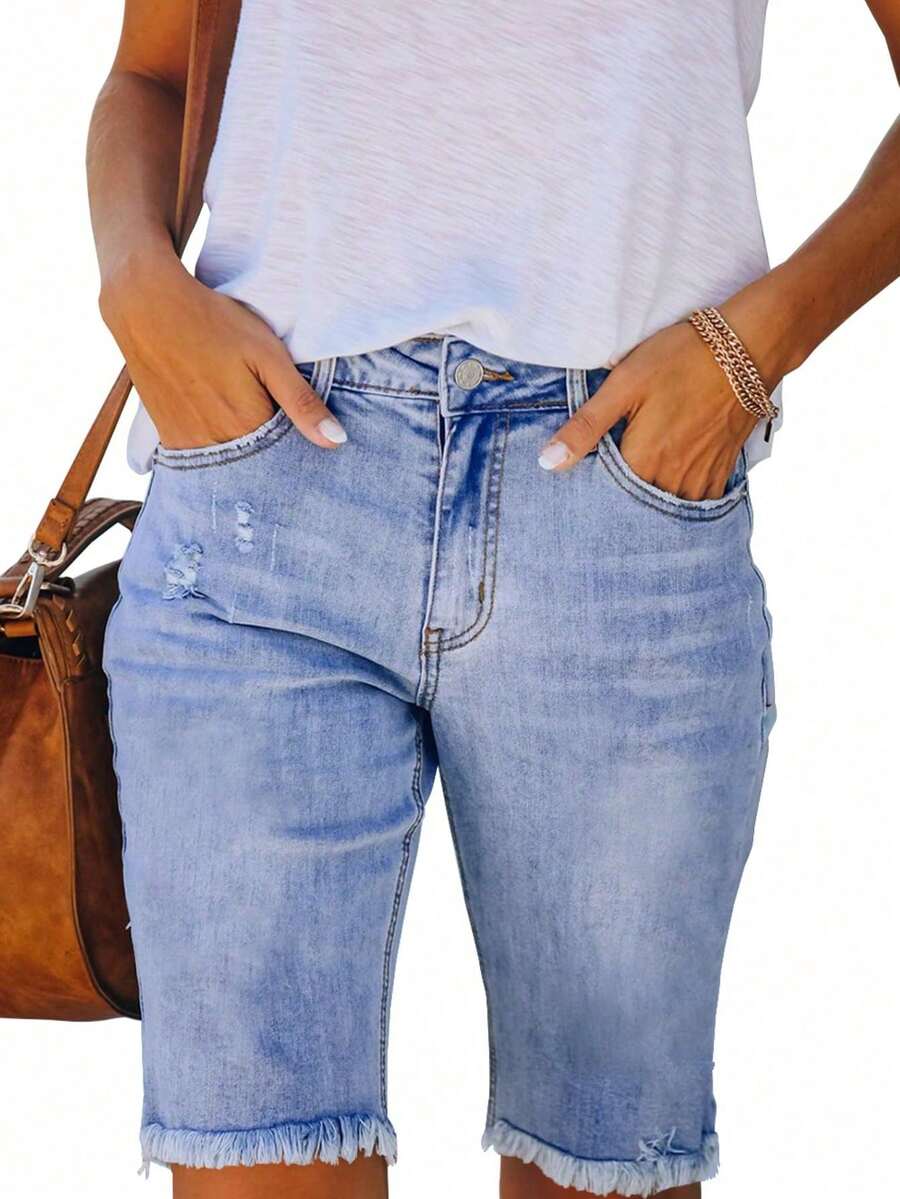 Plus Size Casual Ripped Bermuda Denim Shorts Medium Stretch For Women - 淺藍色 - 查看 1