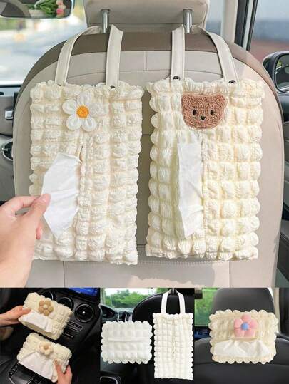 1pc Car Paper Towel Box Cute Puffer Grid Car Seat Back Hanging Paper Towel Draw Creative Sunflower Car Paper Towel Box