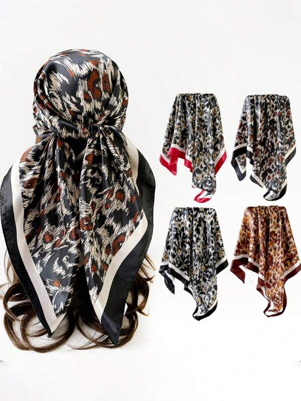 1pc Versatile Vintage Leopard Print Scarf, Faux Silk Satin Satin Fashionable Shawl Wrap Suitable For Outings, Birthdays, Holidays
