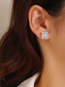 1 Paar neue Mode silberweiße rechteckige klassische vertikale & horizontale doppelseitig tragbare Ohrringe für Frauen, Luxus-Schmuckzubehör, elegante Hochzeits-/Eheohrringe, platinüberzogener kubischer Zirkonia, minimalistisches Design
