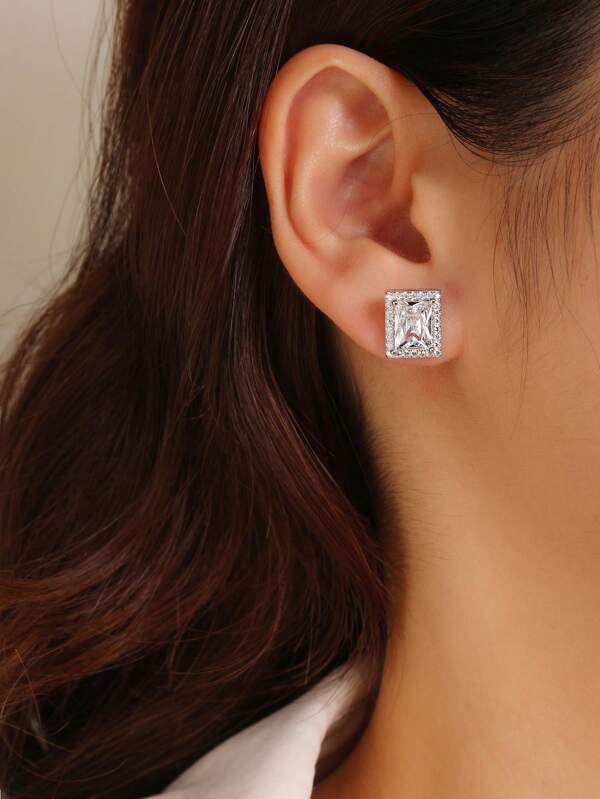 1 Pair New Fashion Silver White Rectangular Classic Vertical & Horizontal Dual-Wear Earrings For Women, Luxury Jewelry Accessories, Elegant Wedding/Marriage Earrings, Platinum-Plated Cubic Zirconia, Minimalist Design