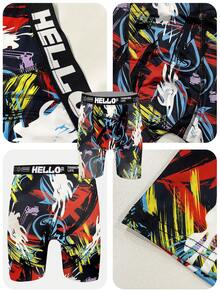 3 pièces/set Short de boxe long à imprimé graffiti style aléatoire pour hommes, respirant et confortable, séchage rapide, taille élastique, short de sport, maillot de bain de plage/piscine, sous-vêtements innovants pour hommes - Multicolore - Voir 4