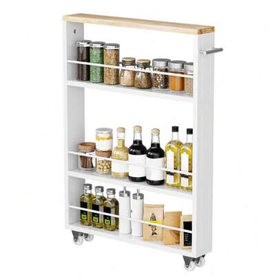 4-Tier Slim White Rolling Cart With Handle, Space-Saving Slide-Out Shelves For Kitchen And Laundry Storage Unisex Design