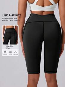 1pc Women High Waist Yoga Cycling Shorts With Pockets, Black Sports Fitness Leggings, Butt Lifting Tights, Suitable For Gym, Yoga, Running, Workout, Sports