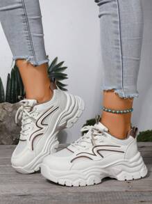 Ladies Casual Leisure Breathable Mesh Sneakers, Fashion Thick Sole Platform Shoes, Lightweight Non-Tiring, Solid Color Preppy Oxford Lace-Up Trainer Suitable For Holidays, Weddings, School, Parties, Office Wear In Spring/Autumn