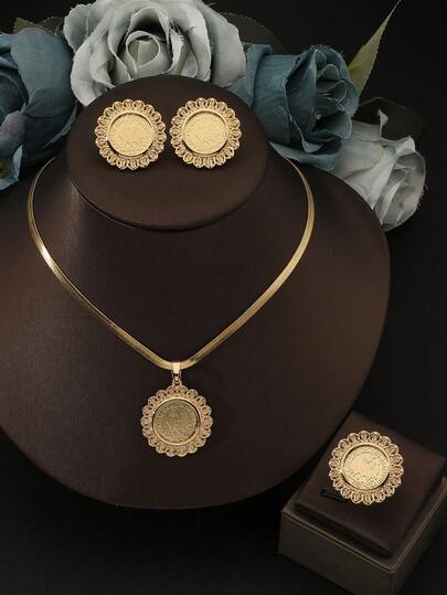 1 Set Women Jewelry Including 1pc Gold Sunflower Stainless Steel Necklace, 1 Pair Earrings, 1pc Ring, Middle Eastern Totem Coin & Sunflower Design, Versatile Daily Wear, Ideal Gift