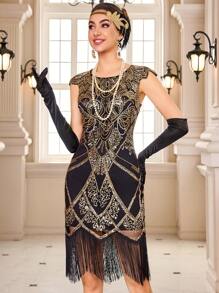 LVNES 1920s Vintage Gatsby Cocktail Dress, Elegant Beaded Embroidered Ball Dress