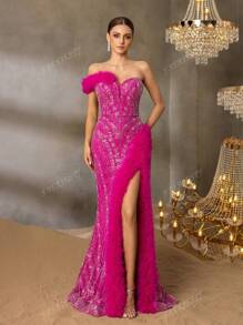 Faeriesty Faeriesty Luxury One-Shoulder Evening Gown With Back-Tie Closure & High Slit – Beaded Mermaid Dress Featuring Feather-Like Detailing And Textured Fish-Tail Hemline For Red Carpet Glamour | Perfect For Black-Tie Galas, Formal Charity Dinners, Exclusive Award Ceremonies, Opera Nights, And Premiere Events