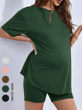 Summer Pregnant Women's Solid Color Short-Sleeve T-Shirt And Bottoms For Breathable Casual Home Wear Set