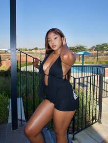 PeachySprinkles 女士骷髅和棕榈印花短裤紧身裤，休闲弹力运动装夏季节日 - 黑色 - 查看 4