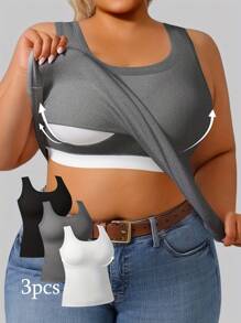 3pcs/Set Plus Size Women Racerback Camisole With Pads, Solid Color Fitted Undershirt/Outerwear Tank Top