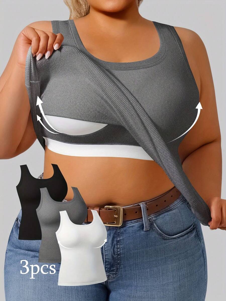 3pcs/Set Plus Size Women Racerback Camisole With Pads, Solid Color Fitted Undershirt/Outerwear Tank Top