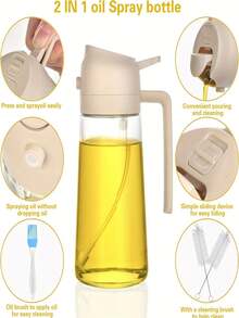 2-In-1 Glass Oil Dispenser And Sprayer - 1 Pack Round Shape - PVC Free - Machine Washable - Ideal For Cooking, Air Fryer, BBQ, Salad - Kitchen Oil Sprayer Bottle - Easy Grip Handle - Perfect For Cooking - 綠色 - 查看 4