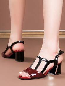 2025 New Fashion Summer Women's Strap Roman Style Sandals, Thick Heel Hollow Peep-Toe Mid-Heel - Burgundy - View 2