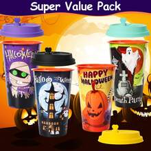 4 vasos de plástico con temas de Halloween, con diseños de murciélago, fantasma, calabaza y calavera araña, de 16 onzas, reutilizables, con tapas y pajitas, ideales como regalos de Halloween y suministros para fiestas de cumpleaños - Ver 3