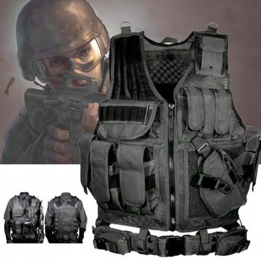 Military Tactical Vest Molle Adjustable Army Assault Combat Carrier Black - Breathable, Quick Release, Adjustable, Water-Resistant, And Reflective - Ideal For Outdoor Adventures, Camping, Hiking, Fishing, Training, And Travel - 黑色 - 查看 1