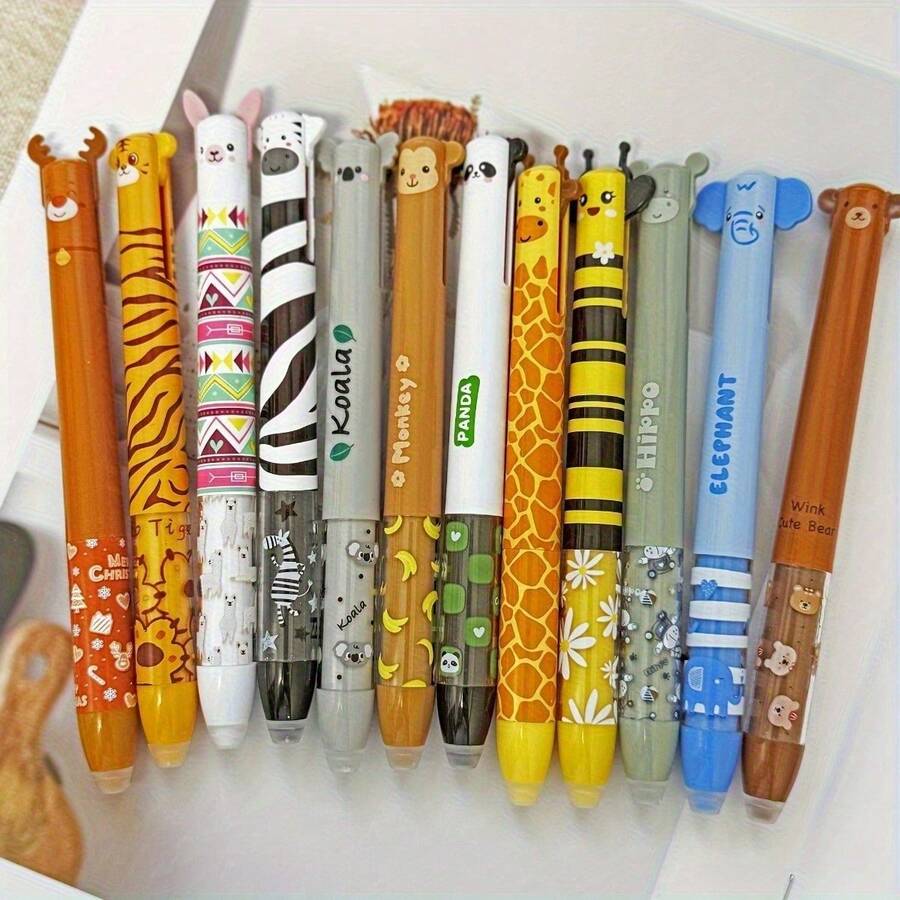 12 支可伸缩动物园主题可擦凝胶笔，可擦笔，一支笔，蓝色和红色两种颜色墨水笔，带橡皮擦，可爱笔，书写流畅，适合日记学校和办公用品返校礼物 - 12件/套 - 查看 1