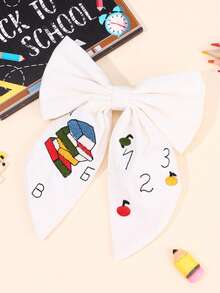 1pc White Fabric Bow Hair Clip, Book & Pencil Print Hair Bow, Fashionable Daily Use Hair Accessory Gift For Kids Back To School Season - Multicolor - View 2