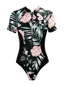 女士热带花卉印花短袖拉链连体防晒泳衣，立领设计，黑色，夏季海滩度假装扮 - 黑色 - 查看 5