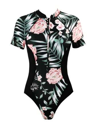 1pc Women's One-Piece Triangle Short Sleeve Zipper Fashion Printed Swimwear Vacation Beach Surfing