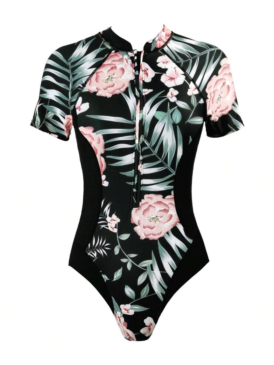 女士热带花卉印花短袖拉链连体防晒泳衣，立领设计，黑色，夏季海滩度假装扮