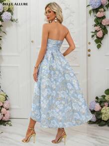Women's Luxurious Metallic Gold Floral Jacquard Strapless Party Dress, Elegant Formal Evening Gown Suitable For Weddings, Graduations, Parties, With Detachable Transparent Shoulder Strap
