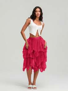 Women Layered Tulle Long Skirt Fashion High Waist Solid Color Frill Trim Ruffle Midi Skirt - Burgundy - View 7