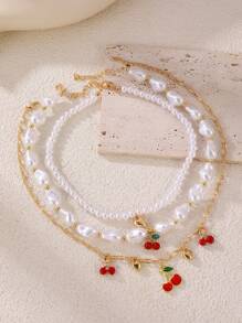 Set de 3 collares con colgantes de cerezas y corazones de perlas falsas para mujeres, adecuados para diario, fiesta, vacaciones