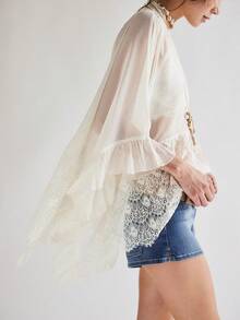 Womens Y2K Lace Patchwork Frill Poncho Tops Solid Color See Through Batwing Sleeve V Neck Ruffle Hem Loose Fit Sheer Mesh T Shirts Blouses Boho Peplum Shawl Shirts Summer Going Out Tops Beach Cover Up Vacation Streetwear - 白色 - 查看 4