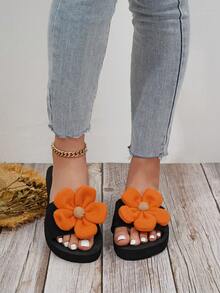 女士时尚平底凉鞋 米色花朵图案套脚拖鞋 时尚凉鞋 女士休闲夏季沙滩鞋 - 橘色 - 查看 3
