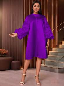 Elegant Short Dress With A Small Stand-Up Collar, Pleated Sleeves, Loose, Comfortable Fit,Outfit For Date,Party,Wedding Dress,Bridesmaid Dress,Graduation Dress,Wedding Guest - Violet Purple - View 4