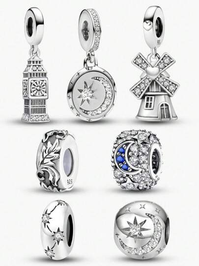 1PC 925 Sterling Silver Fashionable Star And Moon Windmill Big Ben Pendant Beads Charm Suitable For Bracelets DIY Women's Jewelry