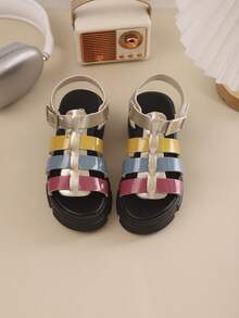 Girls' Outdoor Sandals, Summer New Round Toe Contrast Color Thick Sole Design, Anti-Slip, Fashionable & Elegant, Children Beach Roman Sandals - Black - View 4