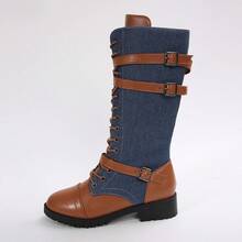 Women's Fashion Round Toe Thick Sole Side Zipper Mid-Calf Boots, New Casual Outdoor Ladies Shoes - Denim Blue - View 9