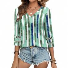 XIEERDUO 3/4 Length Sleeve Womens Tops Dressy Casual Blouses For Women 2025  V Neck T Shirts Summer Clothes - Z 綠色格子 - 查看 3