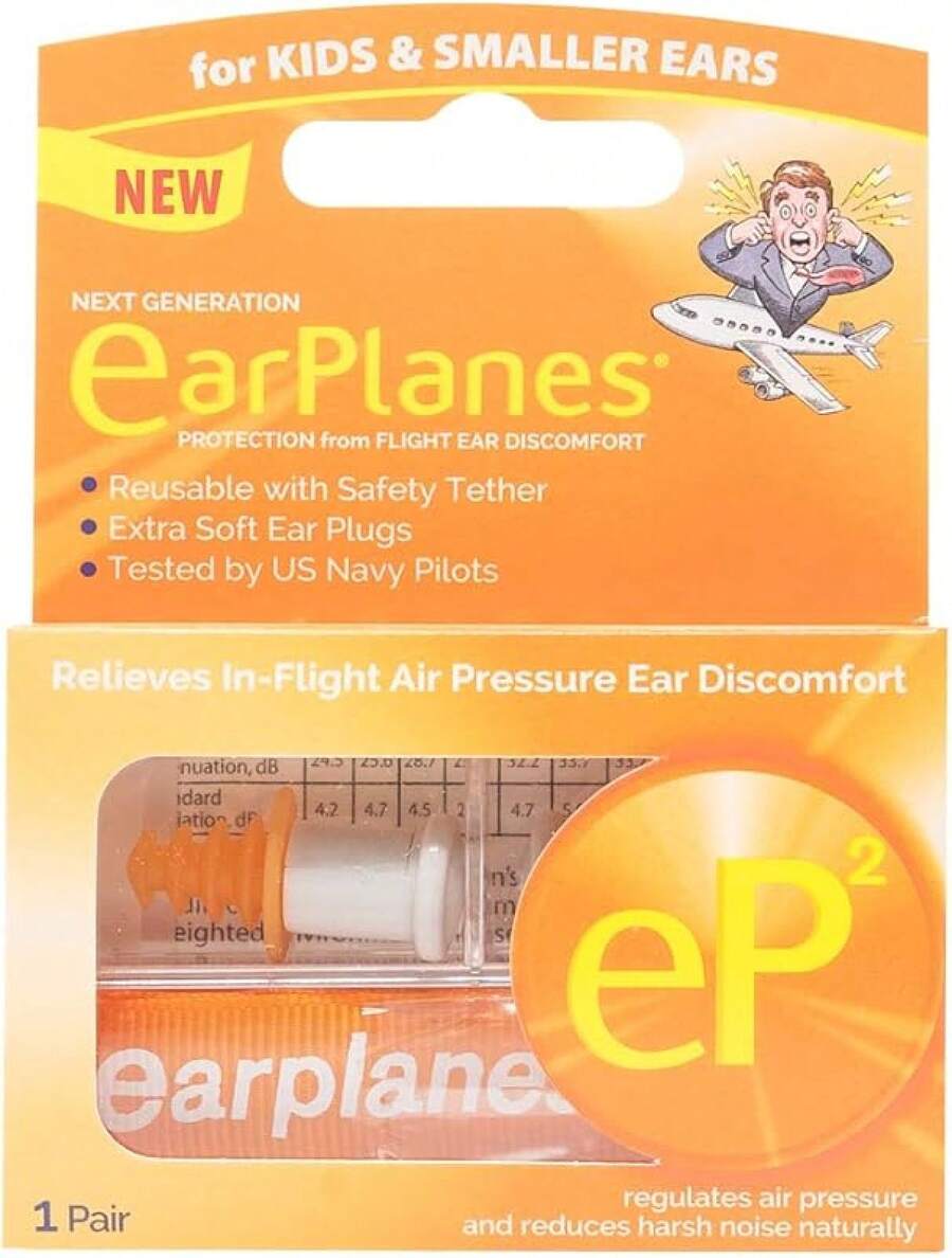 Tapones para los oídos originales EarPlanes de Cirrus Healthcare para niños, protección auditiva para viajar en avión, paquete de 3 pares con valor adicional - 1 par reutilizable - Ver 1