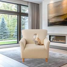 Local Delivery - Banquet Armchair Slipcover Printed Chair Covers With Arms Stretch Club Chair Slipcover Soft Armchair Sofa Covers Anti-Slip Furniture Protector For Dogs Pets Home Living Room Decor, 14 - Twill Check Beige - 查看 4