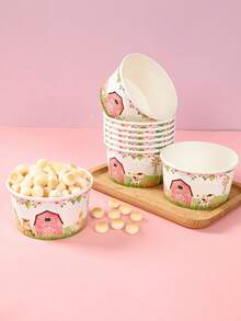 10pcs 8oz Pink Farm Animal Pattern Disposable Paper Bowls, Ice Cream Cups, Popcorn Boxes, Food Containers, Suitable For Home Kitchen, Restaurant Takeout, Picnic Party, Kitchen Supplies, Food Packaging, Farm Animal Theme Birthday Party Tableware, Food Delivery And Daily Use, Food Trays, Disposable Tableware - Pink House Farm Animals - View 7