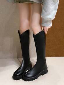V-Cut Non-Knee High Black Boots For Women, 2025 Autumn/Winter New Round Toe Thick Sole Back Zipper Increased Height Fashion Boots - Black - View 2