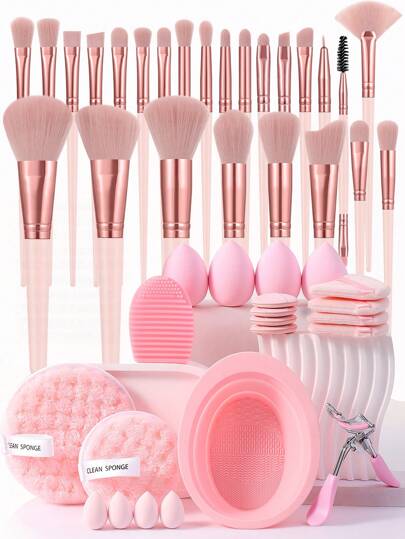 46-teiliges Make-up-Set, bestehend aus 25 Make-up-Pinseln, Make-up-Schwämmen, Fingerpuffs, dreieckigen Make-up-Schwämmen, einer Make-up-Pinsel-Reinigungsschale, einem Wimpernkrausler und Werkzeugen für Flüssigkeiten, Cremes und Puder - zum Polieren, Vermischen und Gesichtspinsel