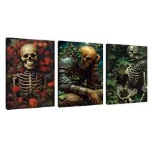3 幅现代骷髅与花卉墙面艺术帆布海报，高清打印可选画框，客厅和卧室家居装饰挂画 - 彩色 - 查看 12